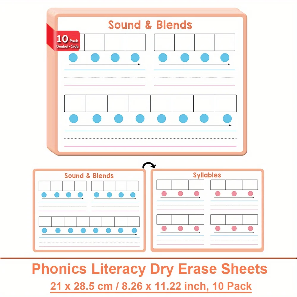 10Pcs CVC Words Phonics English Posters for Kids Erasable Blends Syllables & Phonemic Awareness Educational Chart Teaching Aids