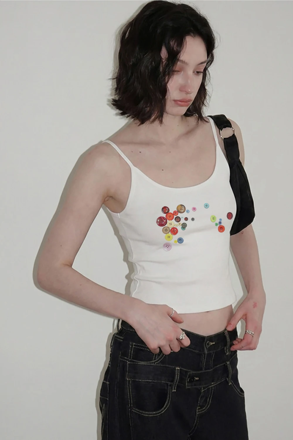 Y2K Millennium Style Retro Colorful Cute Button Print Short Sleeved Casual Halter Top Casual Top Women Form Fitting Summerblouse