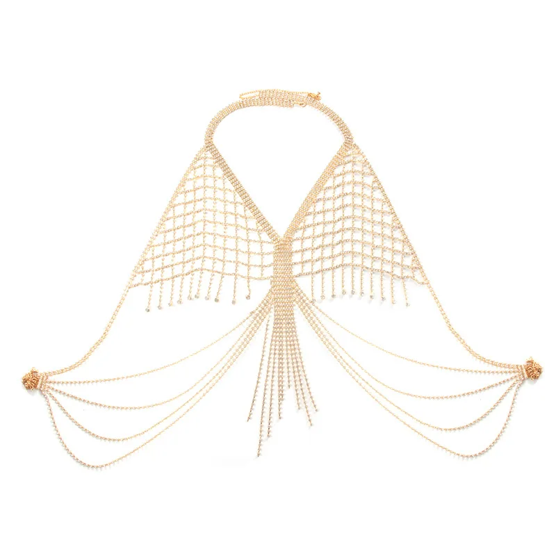 Sexy Neck Hanging Out Style Long Tassel Mesh Rhinestone Chest Chain Nightclub Women\'s Body Chain Jewelry