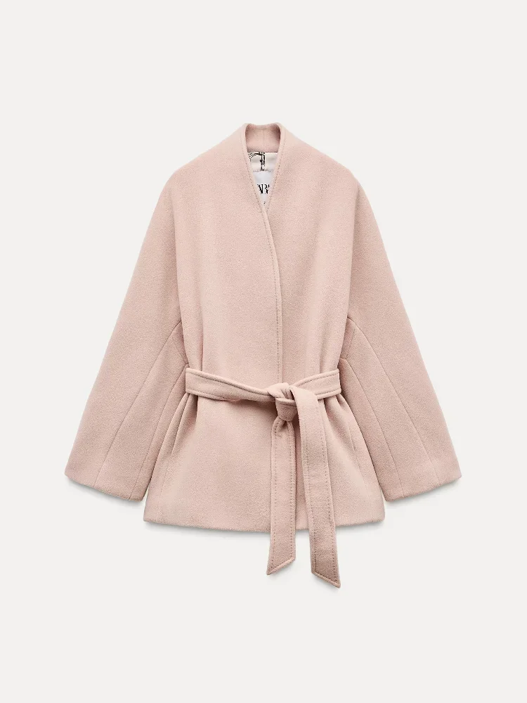 Women Elegant Pink Lace Up Woolen Blend Coat Fashion V Neck Long Sleeves Short Coats 2024 Autumn New Lady Chic Commute Outwears