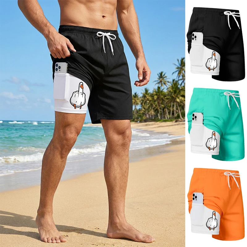 Men's Prank Duck Print 2 in 1 Board Shorts with Phone Pocket Summer Casual Funny Beach Shorts Quick Dry Swim Trunks Bathing Suit
