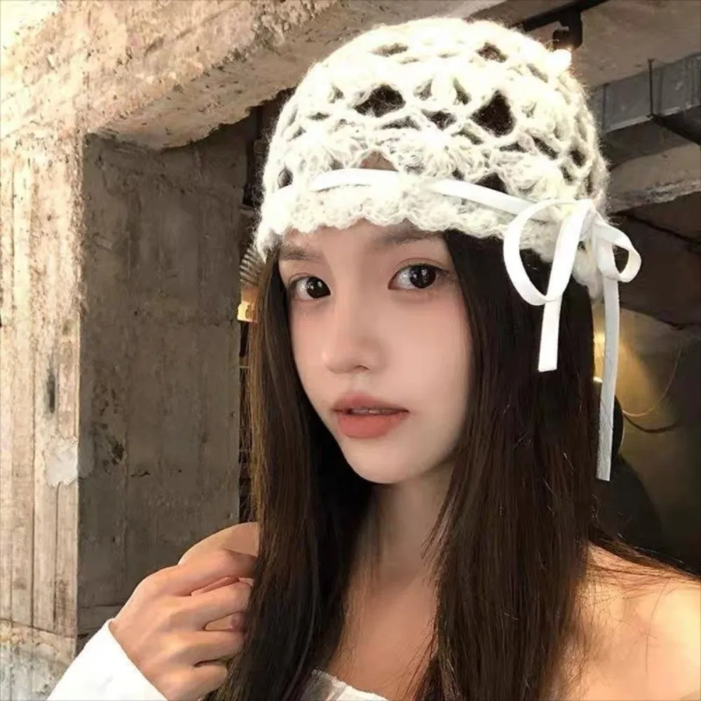 

Fashion Bow Crochet Hollow Knitted Hat Bohemian Style Strapped Ethnic Style Hat Handmade Korean Knit Beanies Ladies