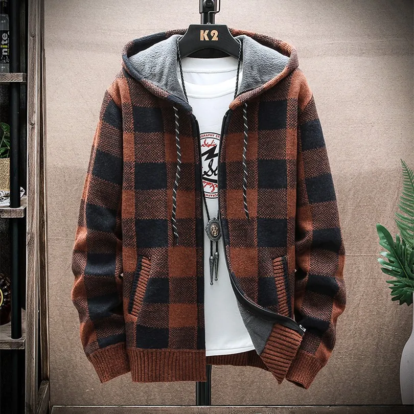 Plaid Hooded Sweatshirt Man Cardigan Men\'s Hoodies Sweater Coat Winter Hoodie Man Clothes Korean Reviews Many Clothes 2024 New