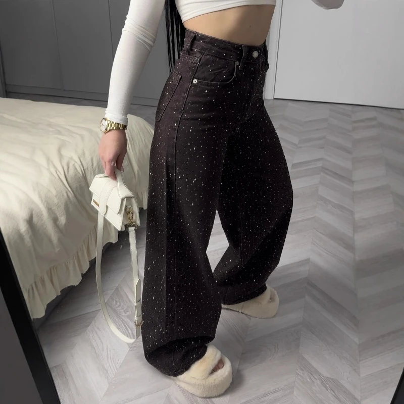 Pants Denim Pant Women Jeans Loose High Waist Straight Vintage Washed Hot Drilling Trousers Y2k Streetwear Lace Up Work Casual