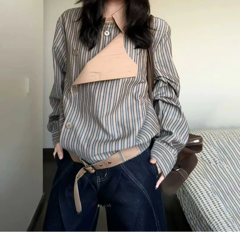 

Autumn and Winter Retro Personality Trendy Coat Design Sense Striped Stand-up Collar Jacket Silhouette Top