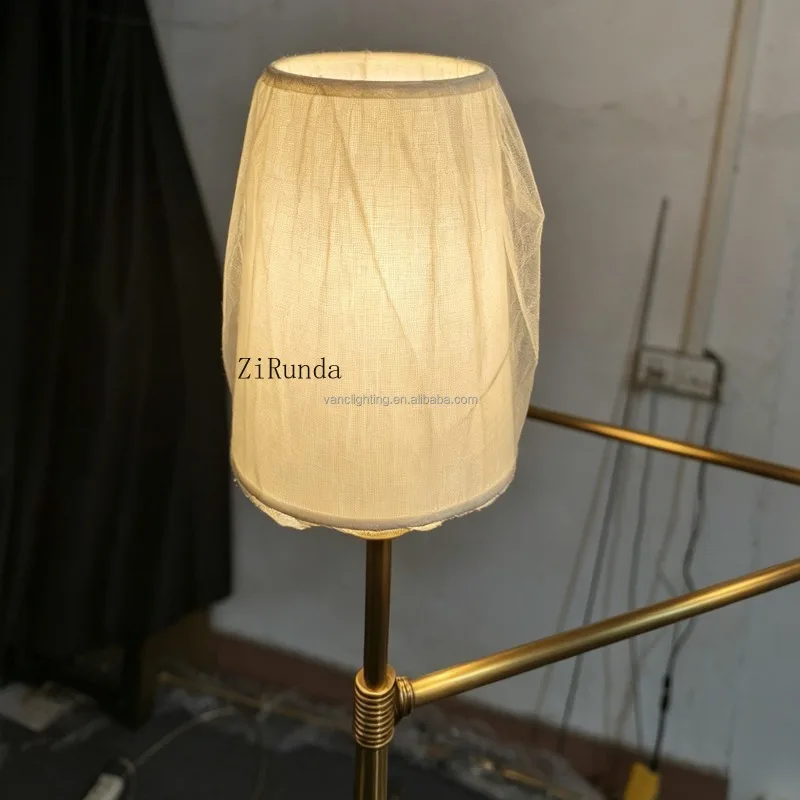 Chandelier, modern brass lighting, cup-shaped linen shade, handmade steel round retro lamp