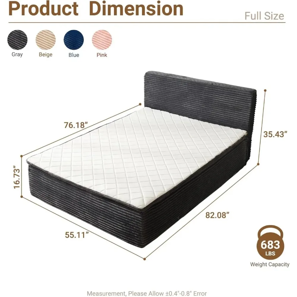 Full Size Bed Frame with Mattress, No Assembly Memory Foam Bed, Plush Upholstered Platform, No Box Spring Needed, Gray