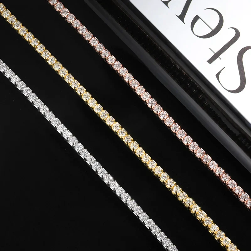 EWYA Adjustable Full 2mm 0.03CT D Color Moissanite Tennis Necklace for Women 925 Silver Plated 18K Gold Choker Neck Chain Gift