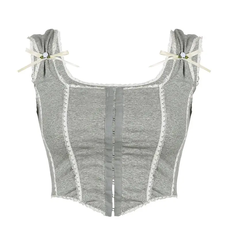 2024 New Summer Sweet And Spicy American Bow Lace Hook Strap Vest Hook And Buckle Suspender Vest Thread Slim Fit Spicy Girl Top