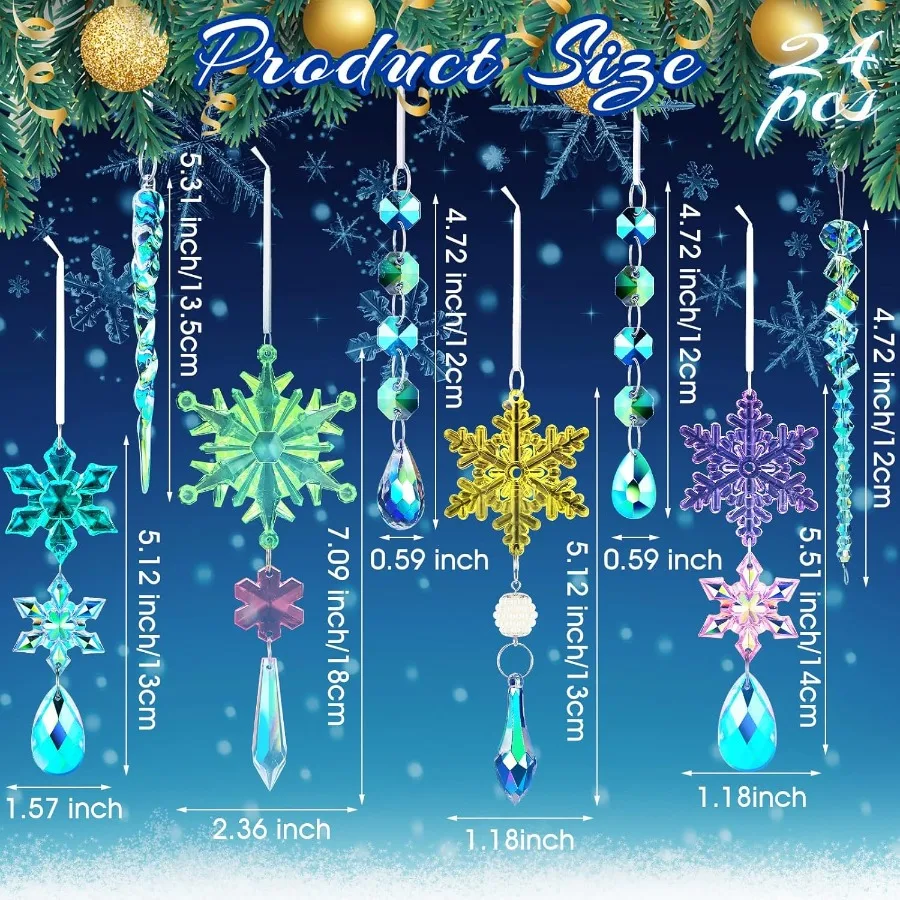 24 قطعة زينة عيد الميلاد الكريستالية لشجرة التقزح اللوني ندفة الثلج الاكريليك الشتاء حلي معلقة مع 8 أنماط ندفة الثلج Icic #2