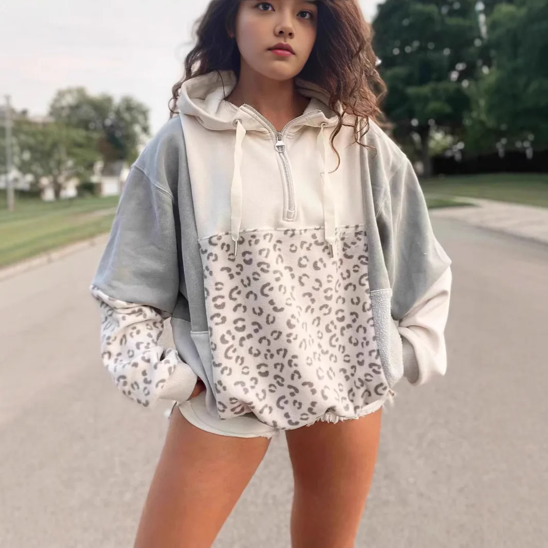 2025 Autumn New Fashion Loose Zipper Women's Hooded Casual Top Thickened Commuter Leopard Print Spliced Sweatshirt Streetwear