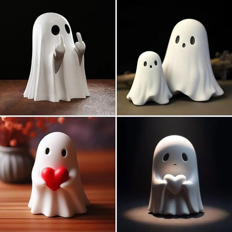 ハンドハートジェスチャーゴースト像、小さな愛のゴーストフィギュア、ハロウィーンの家の装飾、デスクトップの装飾品、かわいいデスクトップ