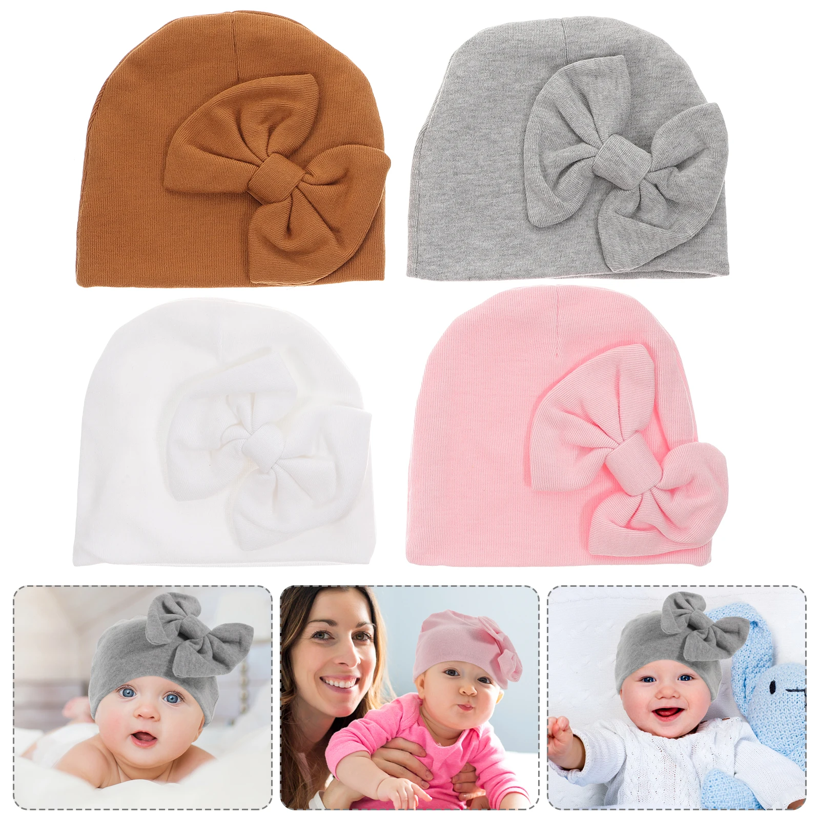 

4Pcs Baby Warm Hats Cotton Newborn Bow Caps Infant Headwear Lightweight Soft Winter Baby Caps