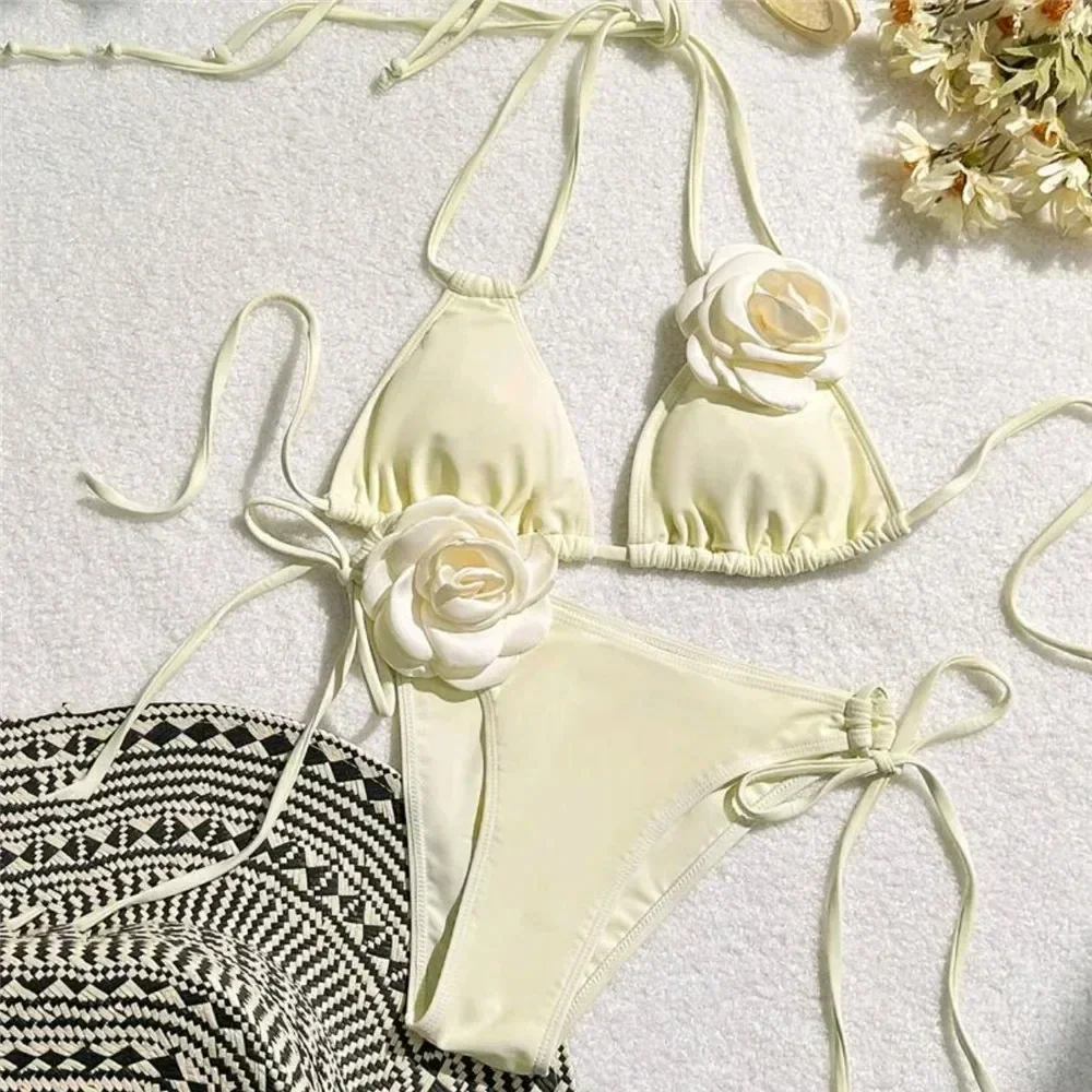 Lady Bathing Suit Off Shoulder Lace-up Halter Neck Bikini Set with Fake Flower Decor Color Matching Patchwork Women's Beachwear