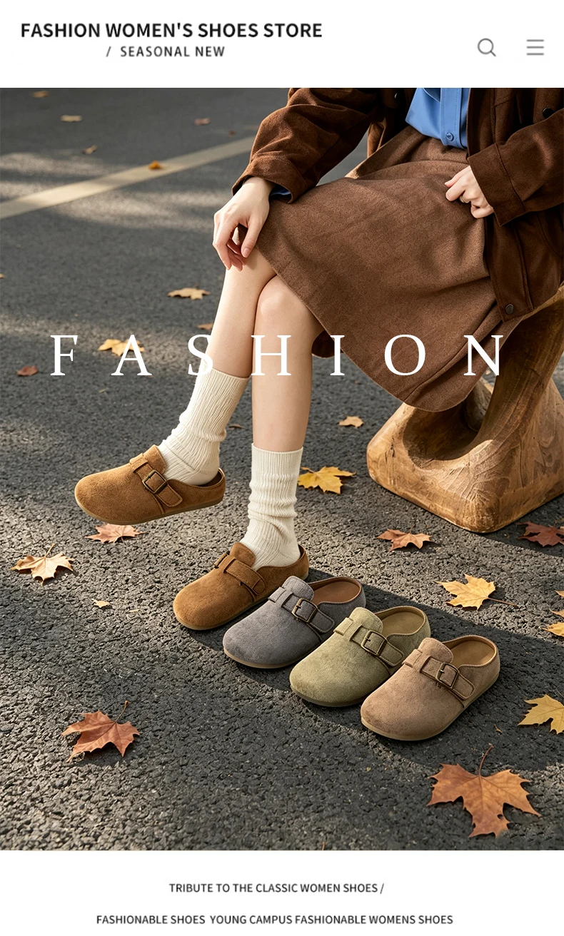 Damen Wildleder-Mules Clogs Retro Metallschnalle Rückenfreie Flache Schuhe Slip-On Birkenstock-Stil Mules für den täglichen Outdoor-Pendelverkehr und Spaziergänge – Detail 2