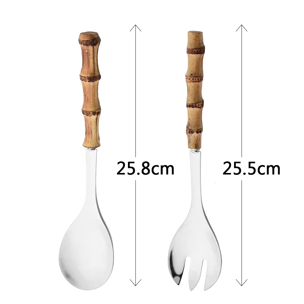 Wooden Handle Stainless Steel Salad Spoon Fork Long Handle Serving Spoon Bamboo Handle Large Spork Tableware Gold Silver Cutlery