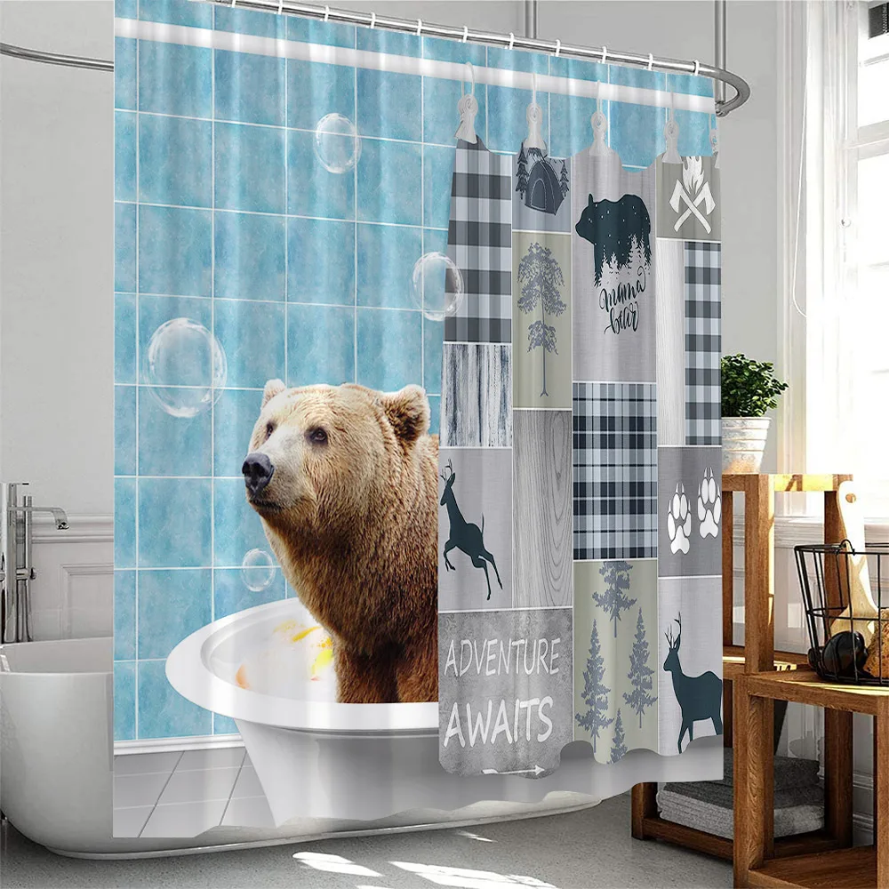 Brown Bear Shower Curtain Animal Print Bathing Bears Forest Trees Cabin Bathroom Decor Polyester Bath Curtain Cloth