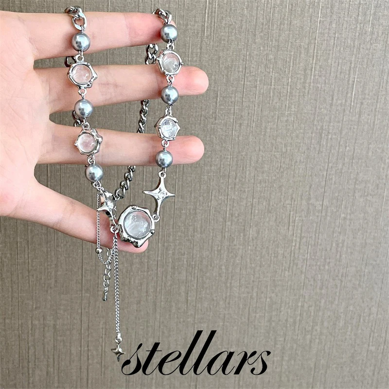 

White Moonstone & Zircon Necklace for Women Summer Y2K Sweet Cool Stylish Clavicle Chain Trendy Accessory by Niche Designer