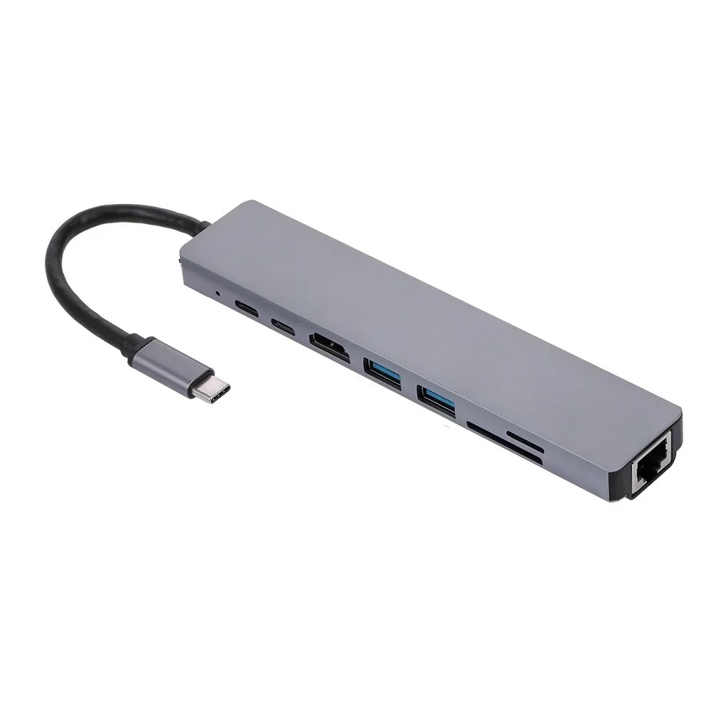 USB-C Multi-function Laptop Docking Station Converter Type-C to PD+USB*2+HDTV+Type-C+SD+TF+RJ45 87W Adapter Grey