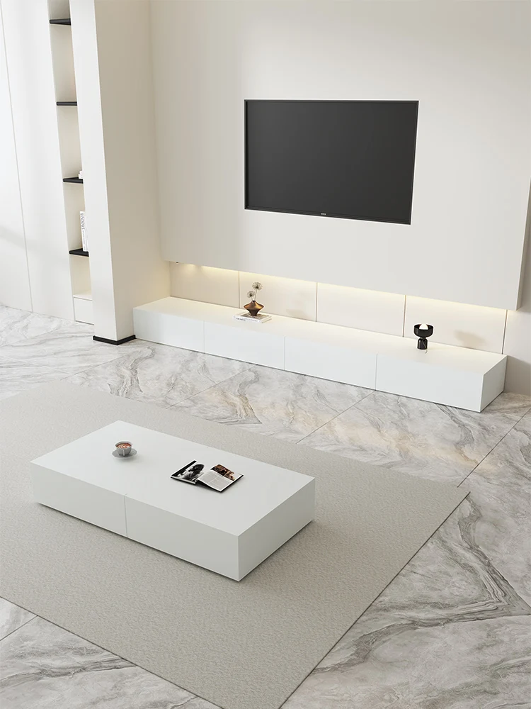 White floor-to-ceiling TV cabinet, simple and light luxury living room, solid wood coffee table TV cabinet, Nordic skin-feeling