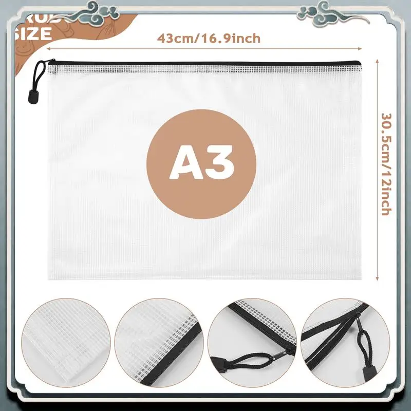 Premium 12PCS A3 Folder, Information Zipper Bag Plastic Wallet Mesh File Bag Zipper Bag Zipper Wallet