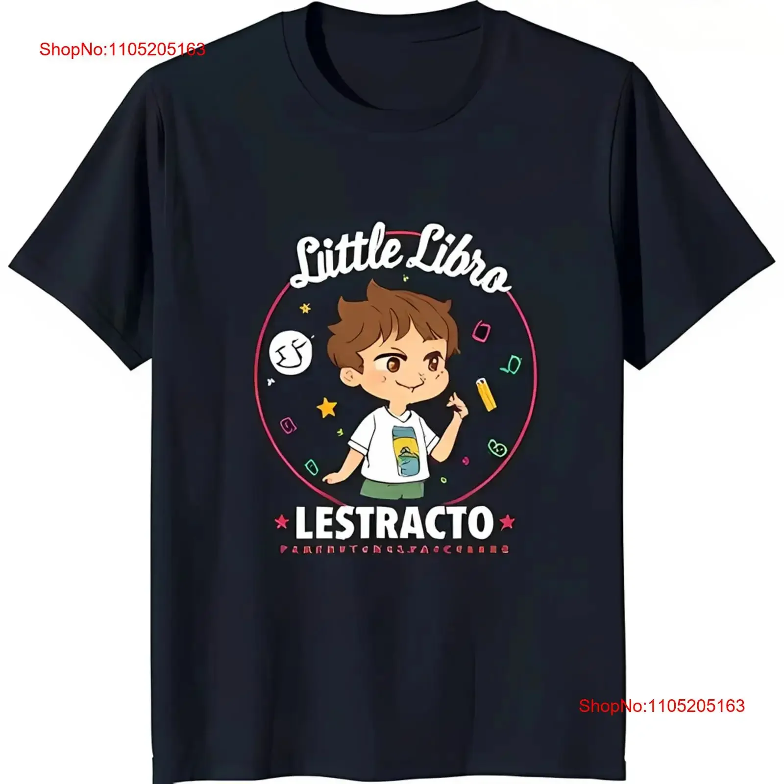 

Black T Shirt with Cartoon Boy Holding Pencil Stars 'Little Libro' Design vintage Washed Stylish Slightly Versatile Unisex