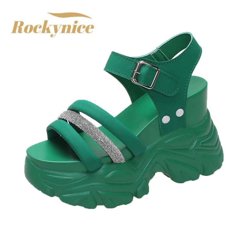 Kobiety grube dno sandały gladiatorki lato Chunky Bling trampki moda wysoka podeszwa kapcie 10CM Wedge Heel Beach Sandalias