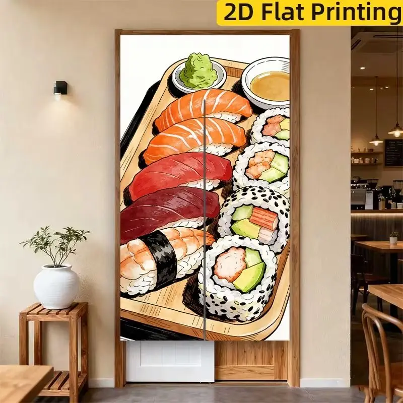 VIKAMA Japanese Entryway Curtain Retro Salmon Sushi Roll Pattern Fabric Half Curtain Privacy Divider Curtain Cozy Home Decor