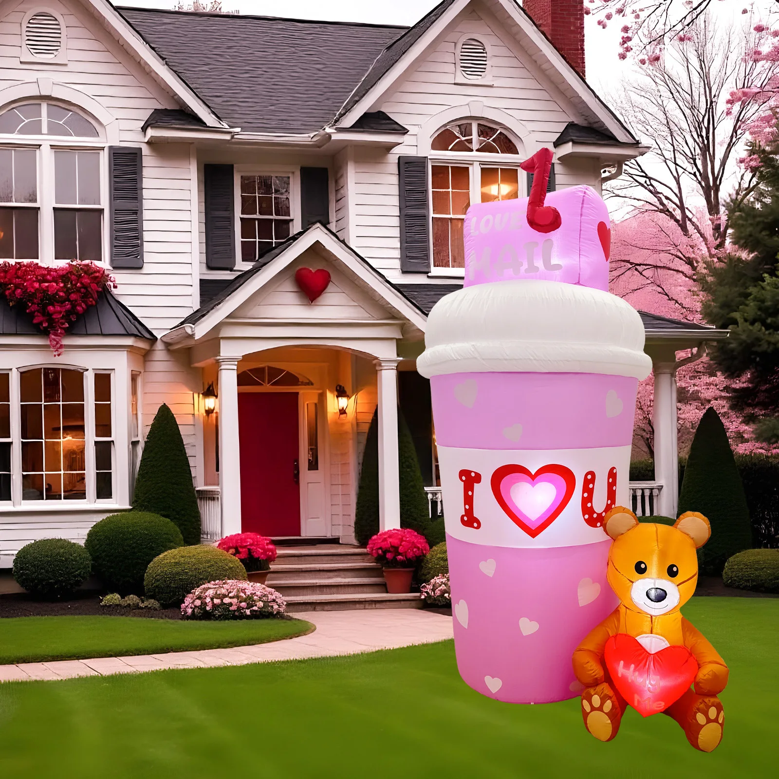 6FT Valentines Day Inflatable Mail Coffee Cup Pink Lighted Valentines Blow Up with Teddy Bear Outdoor Wedding Party Toys Decor