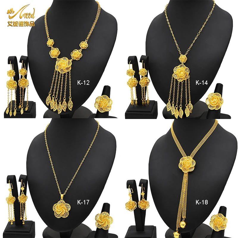 

ANIID Luxury Dubai Gold Plated Jewelry Set For Women Flower With Tassel Big Nigerian Indian Bridal Necklaces Earrings Rings Sets