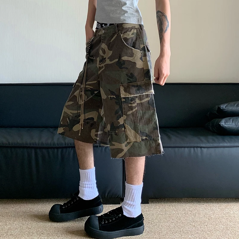 FEWQ American Style Washed Camouflage Multi Pocket Workwear Pants Loose Straight Leg Casual Shorts 2024 Male Trousers 24E1425