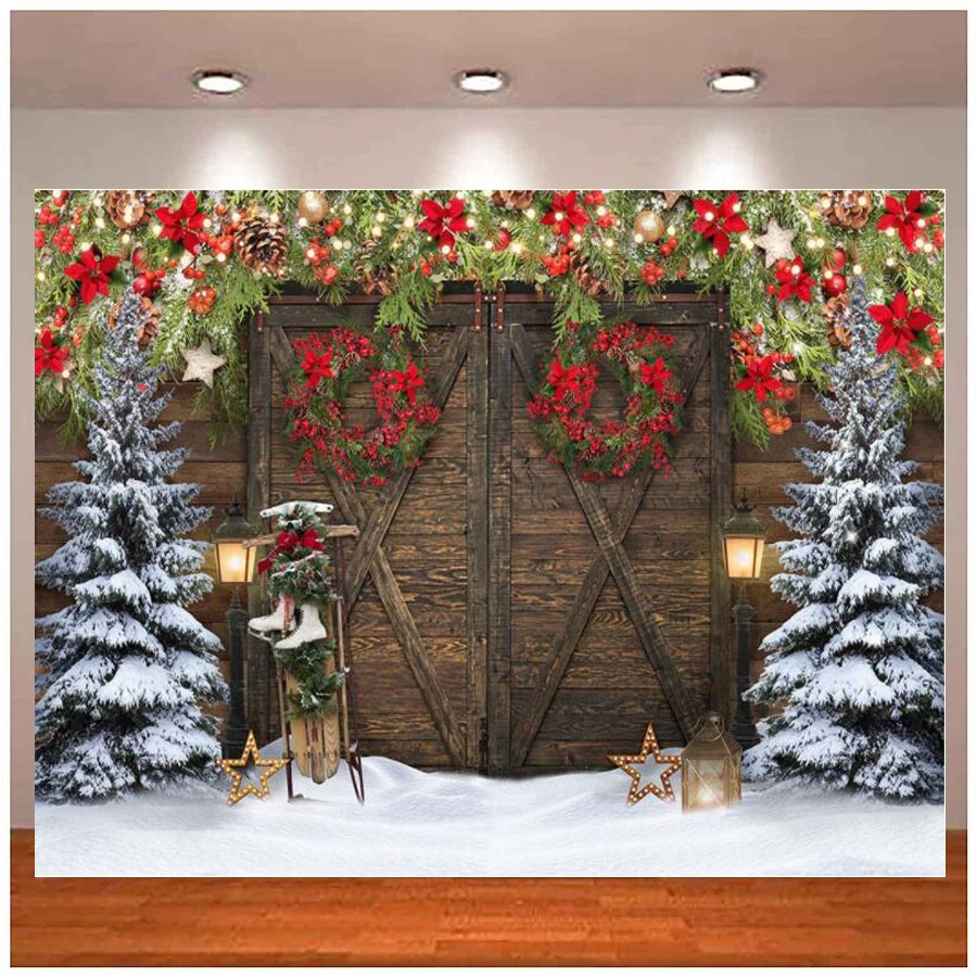 

Photography Backdrops For Christmas Pine Tree Wooden Door Decor Winter Snow Kids Photo Background Banner Poster Photo Studio