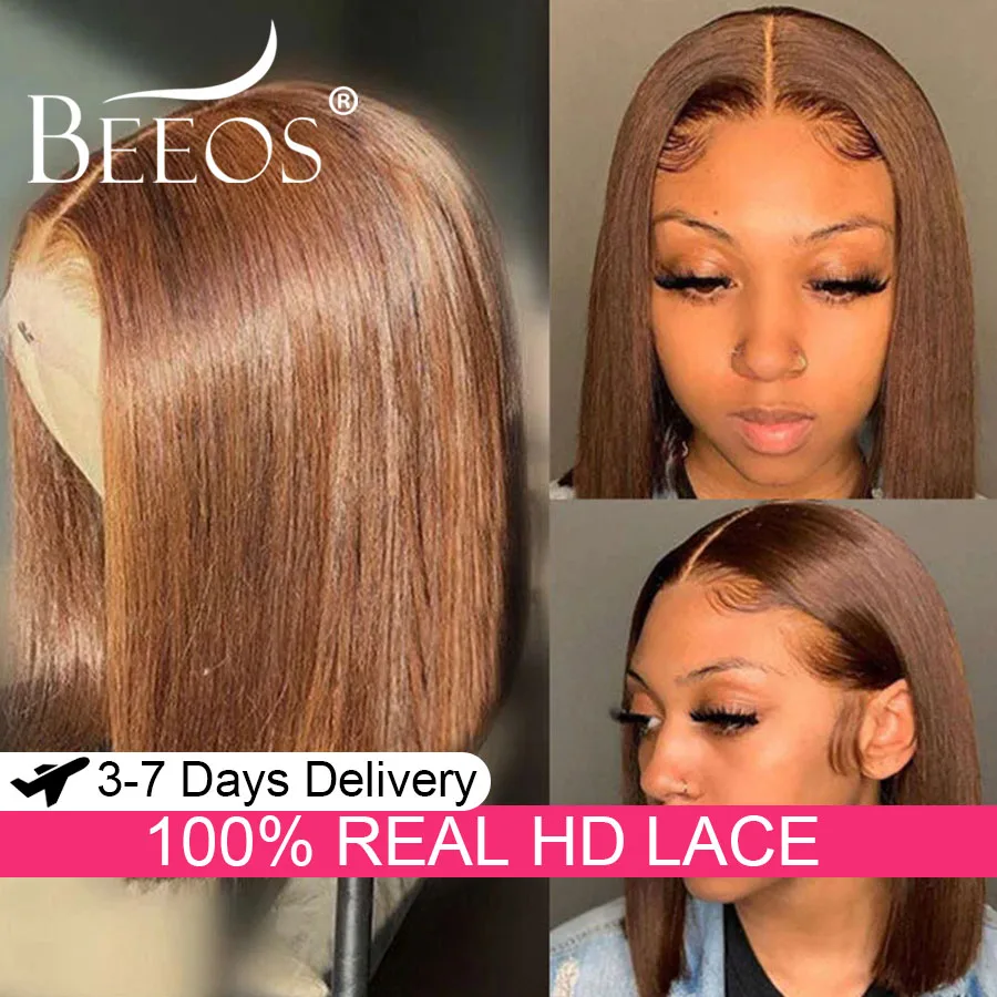 

Шоколадно-коричневый 13x6 HD Кружевные фронтальные парики Короткие боб Прямые кружевные фронтальные парики из человеческих волос Цветные парики Мереживо с расплавленными предварительно выщипанными