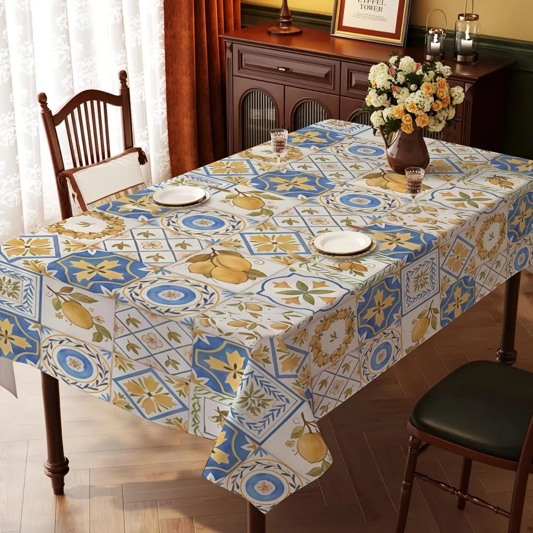 Lemon Mediterranean Theme Tablecloth for Table Decor Summer Lemons Tile Geometric Print Kitchen Dining Table Cloth Party Decor