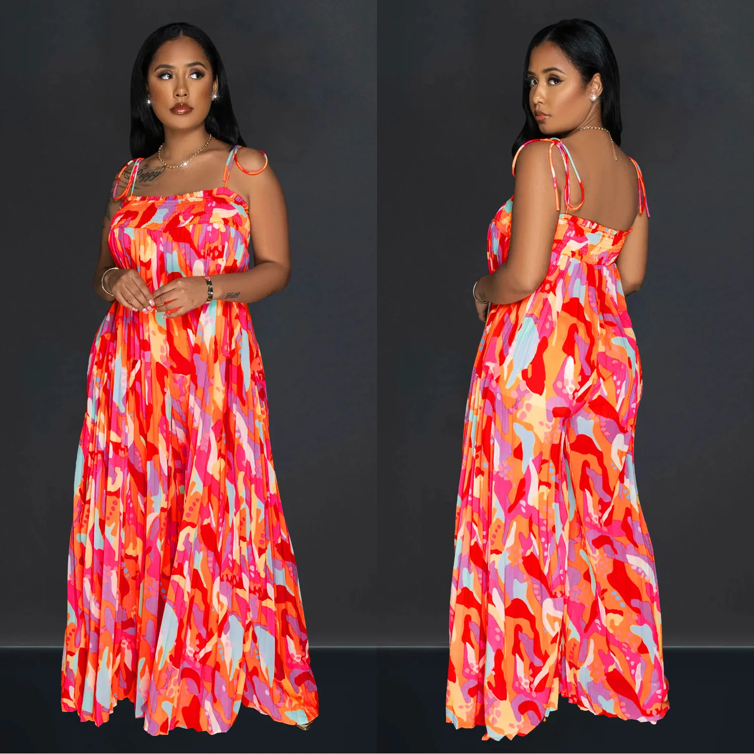 Tuta da donna Tuta a gamba larga pieghettata con bretelle stampate alla moda e sexy 2025 Estate