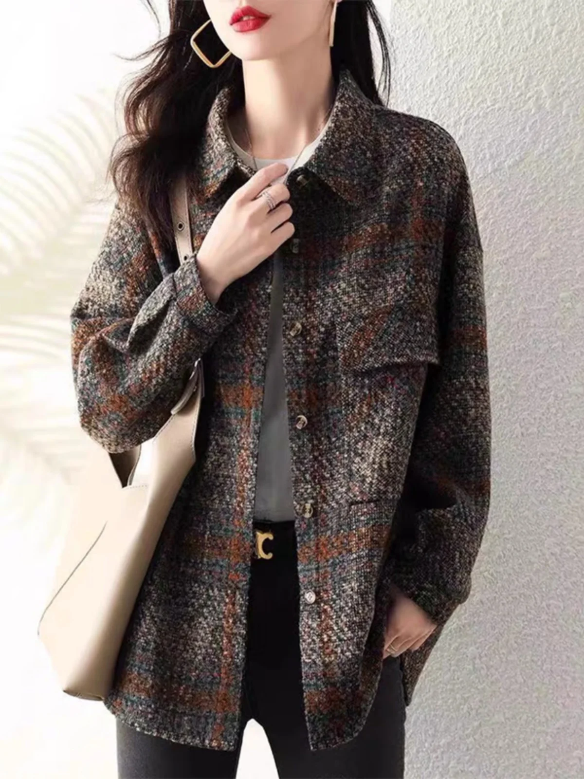 

Шерстяное пальто в клетку в стиле ретро, женское повседневное длинное пальто с отложным воротником-стойкой, весенне-осенний топ, модный свободный крой для поездок на работу