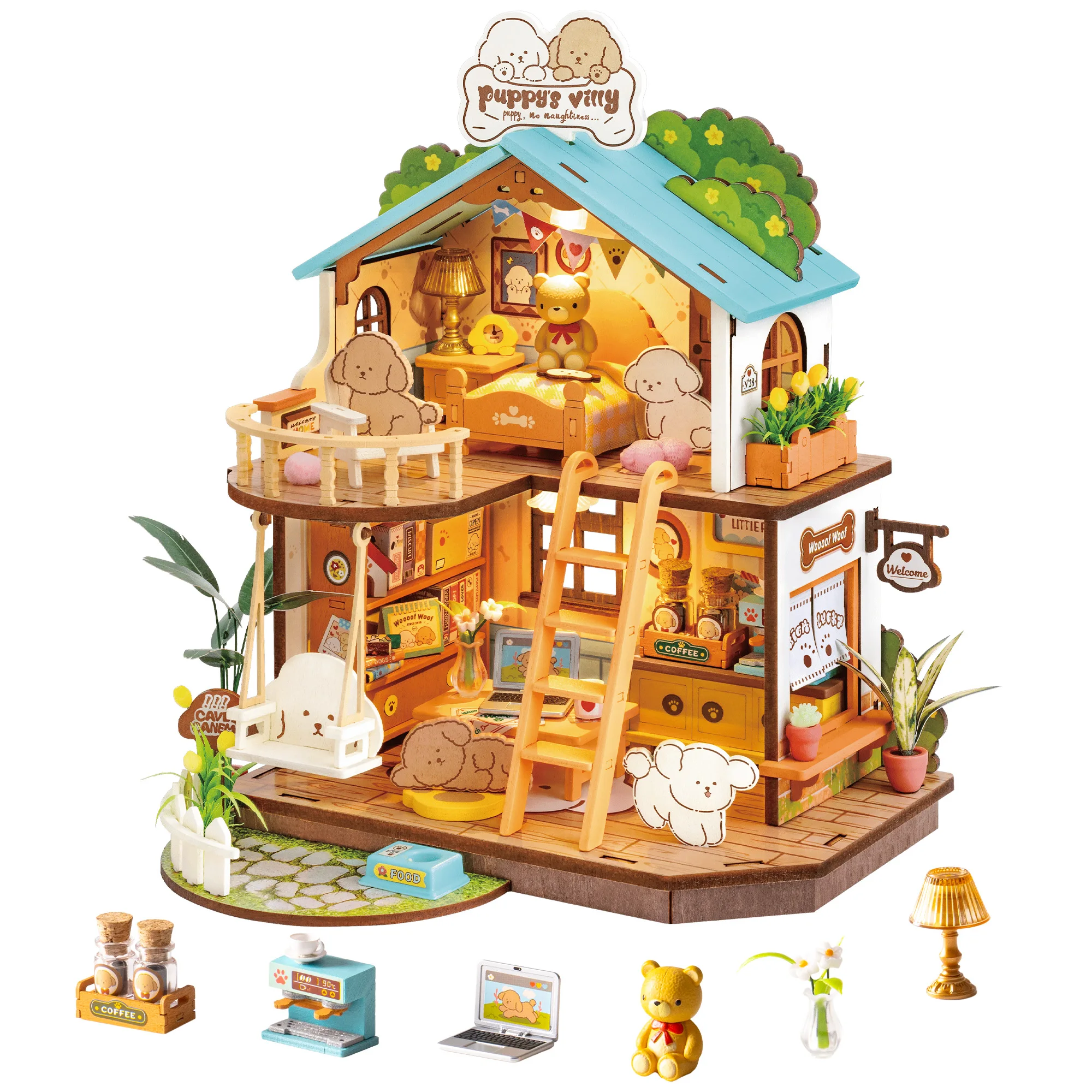 Robotime Mini Casa delle Bambole in Legno, Modello Diorama, Kit di Costruzione per Casa in Miniatura, Regalo di Compleanno e Natale, Hobby Creativi per Amici, Villa Accogliente per Cuccioli