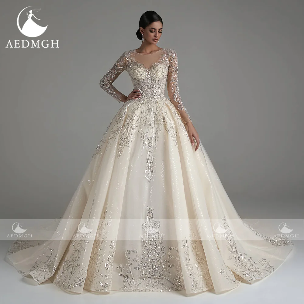 Aedmgh Baljurk Luxe Trouwjurken 2023 O-hals Lange Mouwen Vestido De Novia Lace Kralen Kapel Trein Glamorous Bruid Jurk