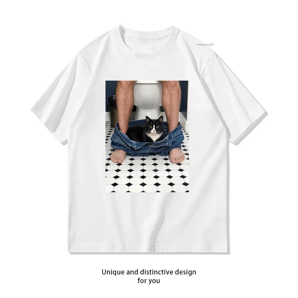 Cat Resting in a Man's Blue Jeans T-shirt Woman Man Casual Cotton Printed T Shirts Adult Streetwear Camisetas Tops