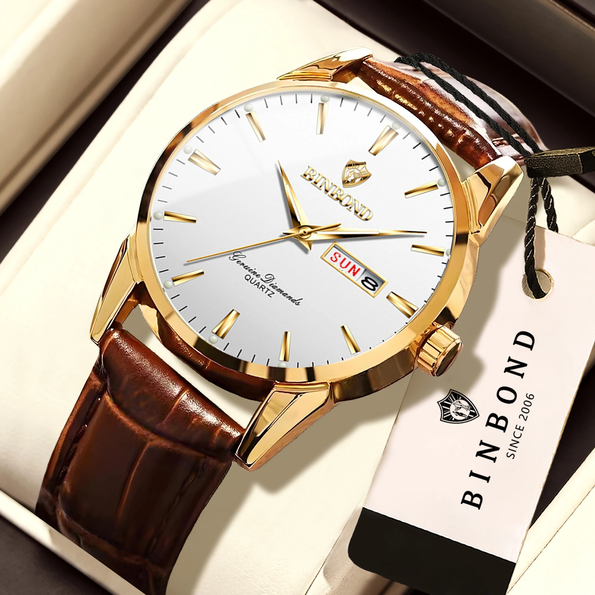 BINBOND Luxury Quartz Wristwatches For Men Luminous Waterproof Auto Date Week Men's Watch Business Sport Watch For Men Reloj+Box