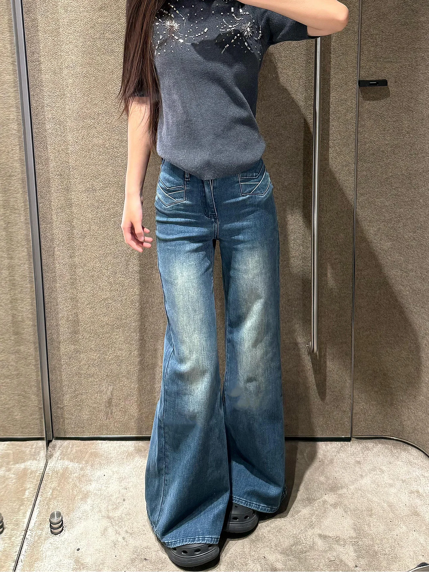 

American Sle Blue Straight Leg Bell Bot Jeans Women's Winter New Slimming Narrow Version Hoof Long Pants