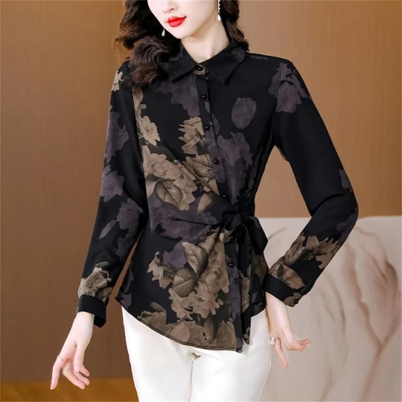 Women Vintage Floral Print Irregular Designer Chic Shirts Office Lady Elegant Fashion Slim Blouse Casual Long Sleeve Tops Blusas