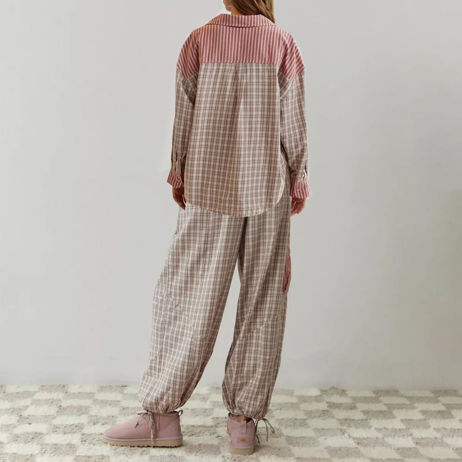 Women Retro Plaid Pajama 2 Piece Set Long Sleeve Button Shirt & Elastic Waist Pants Set Casual Sleepwear Loungewear Homesuit