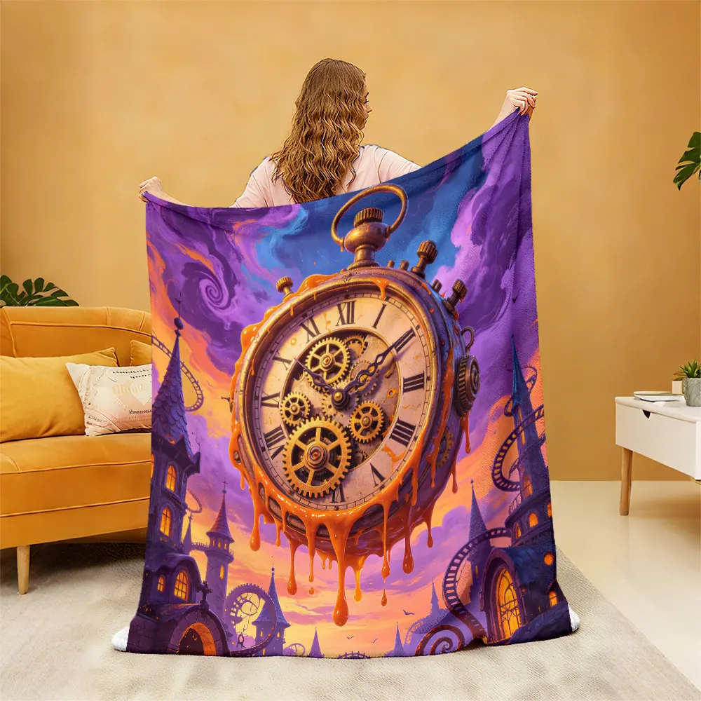 1pc Halloween pumpkin castle retro pocket watch flannel blanket, soft and comfortable lunch breaks  casual gift blanket