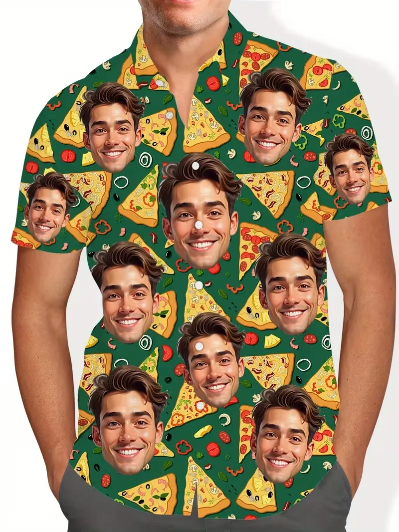 Novelty Custom Face Pizza Hawaiian Shirt For Men Personalized Photo Pizza Print Short Sleeve Button Up Beach Shirt Party Gift