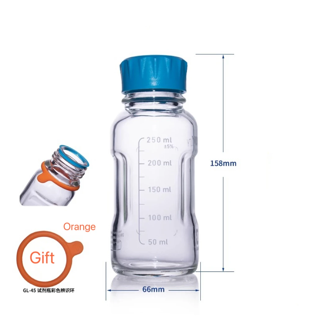 250 مللي ألمانيا شوت يوتي كاشف زجاجة مختبر غطاء أزرق كاشف زجاجة ، حلقة كشف الألوان مع ألوان اختيارية
