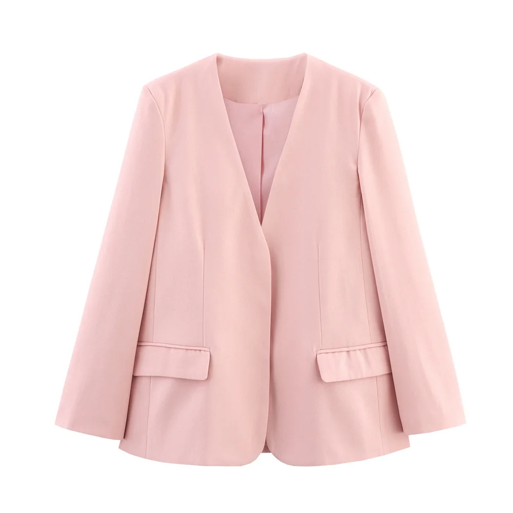 

Taop&Za women's fashion versatile temperament V-neck long sleeved suit summer new casual loose pink slimming jacket