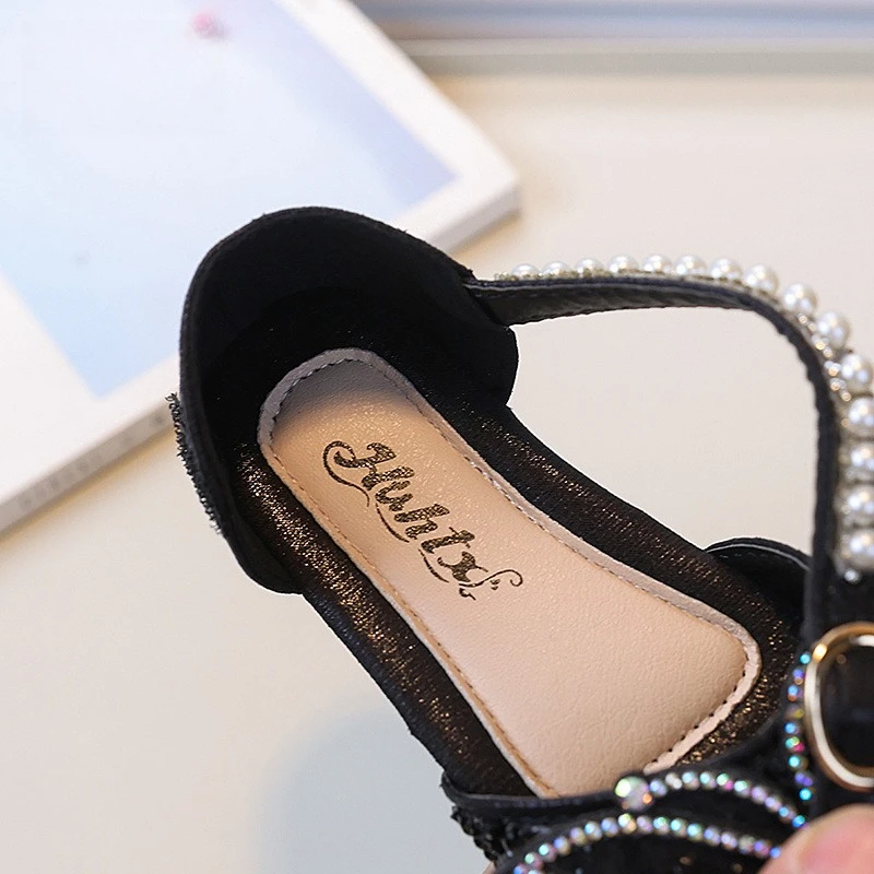Flat Sandals T-Strap Ankle Buckle Bow Rhinestone Pearl Mesh Open Toe Shiny Small Medium Size Footwear