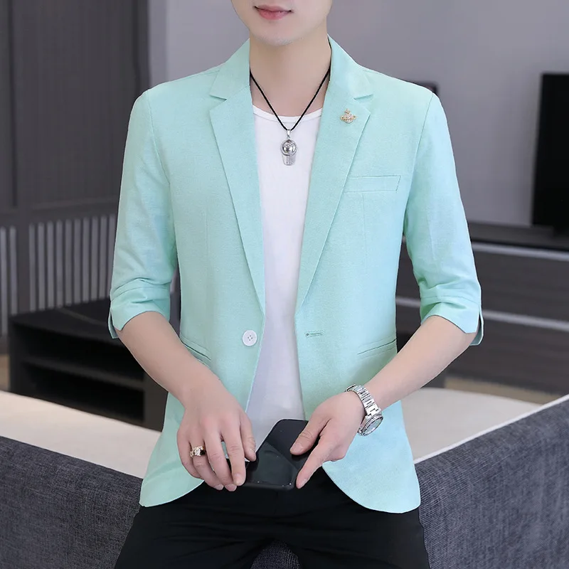 

HOO 2023 Men's Business Casual Suit Youth Slim Summer New Trend Mid-Sleeve blazer