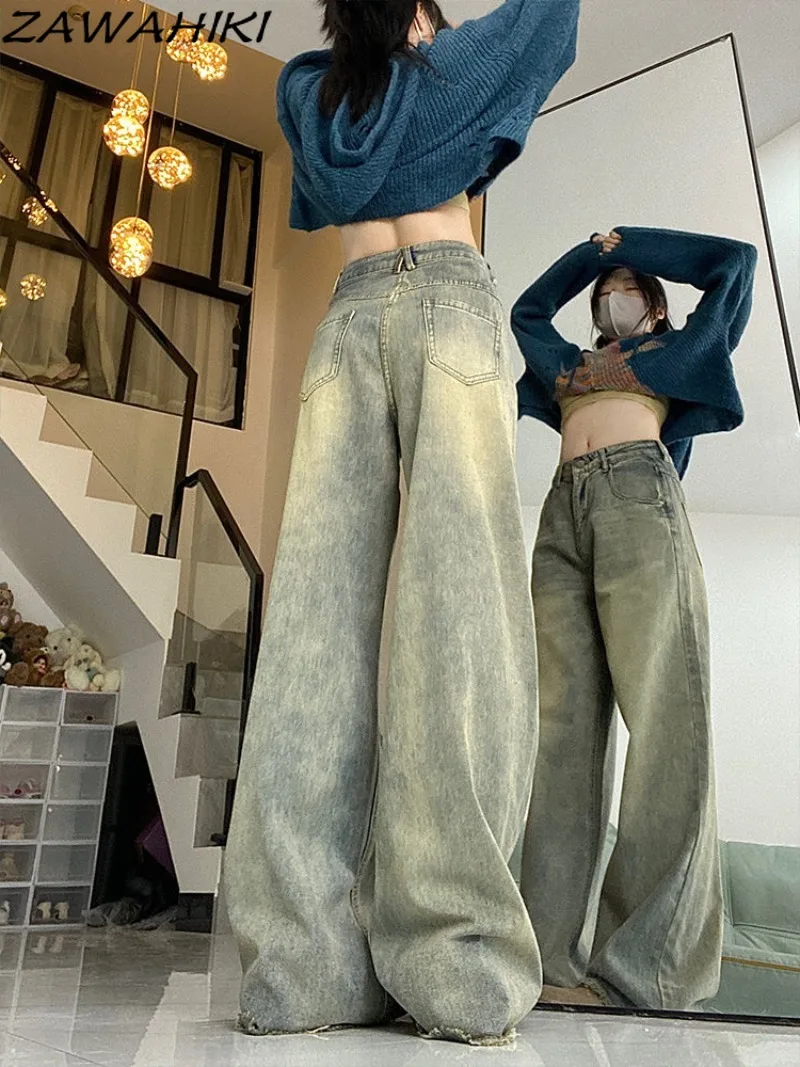 

High Street Blue Frayed Spring Autumn Loose Casual Denim Pants Y2K Chic Designed Vintage Versatile Minimalist Baggy Jeans Women